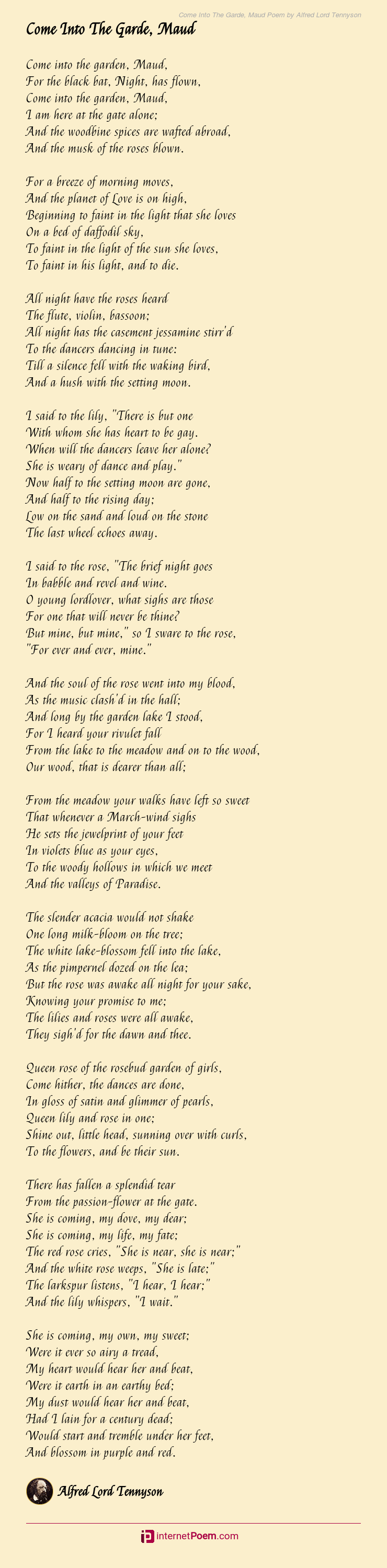 Come Into The Garde Maud Poem By Alfred Lord Tennyson