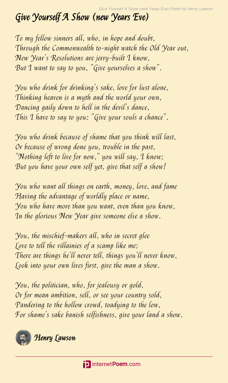 Give Yourself A Show New Years Eve Poem By Henry Lawson