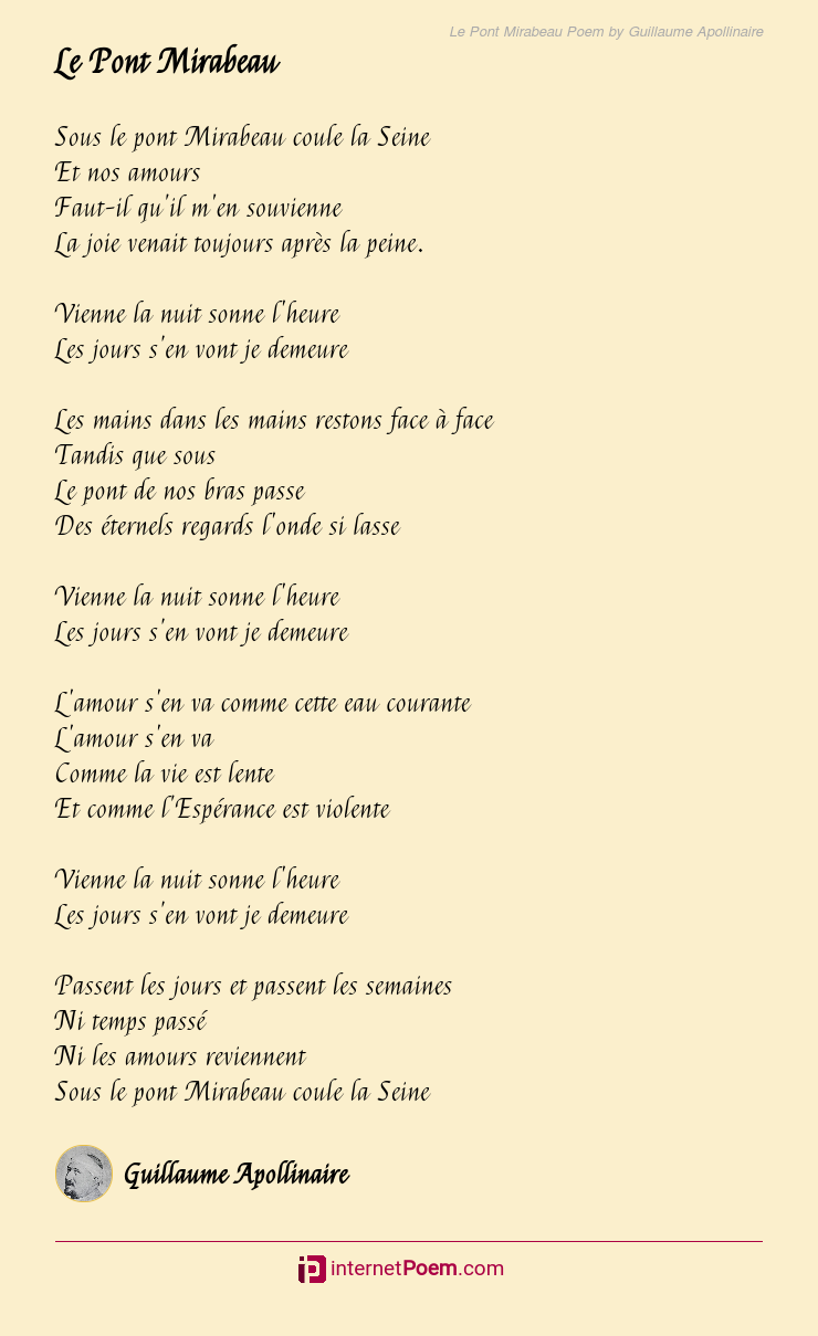Le Pont Mirabeau Poem by Guillaume Apollinaire