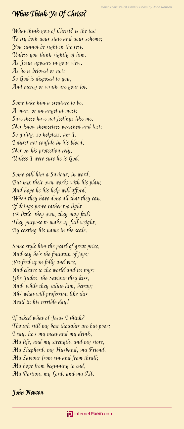 What Think Ye Of Christ? Poem by John Newton