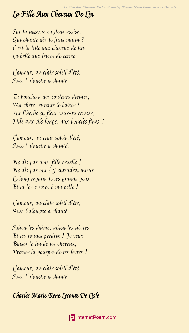 La Fille Aux Cheveux De Lin Poem by Charles Marie Rene Leconte De Lisle