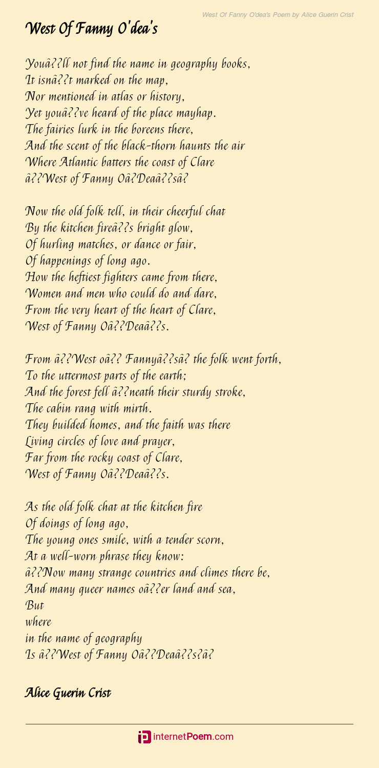 West Of Fanny O Dea S Poem By Alice Guerin Crist