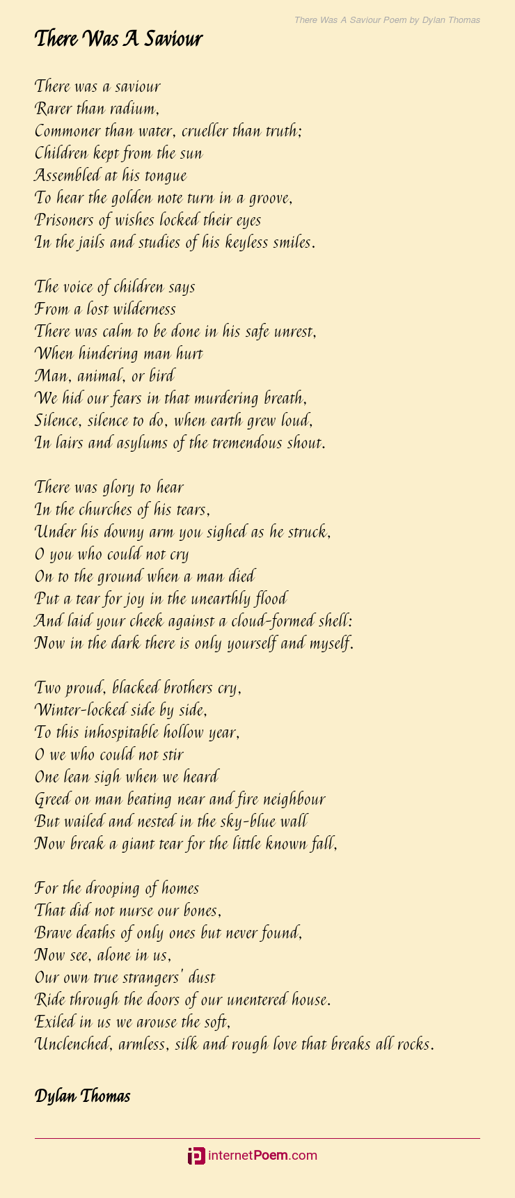There Was A Saviour Poem by Dylan Thomas
