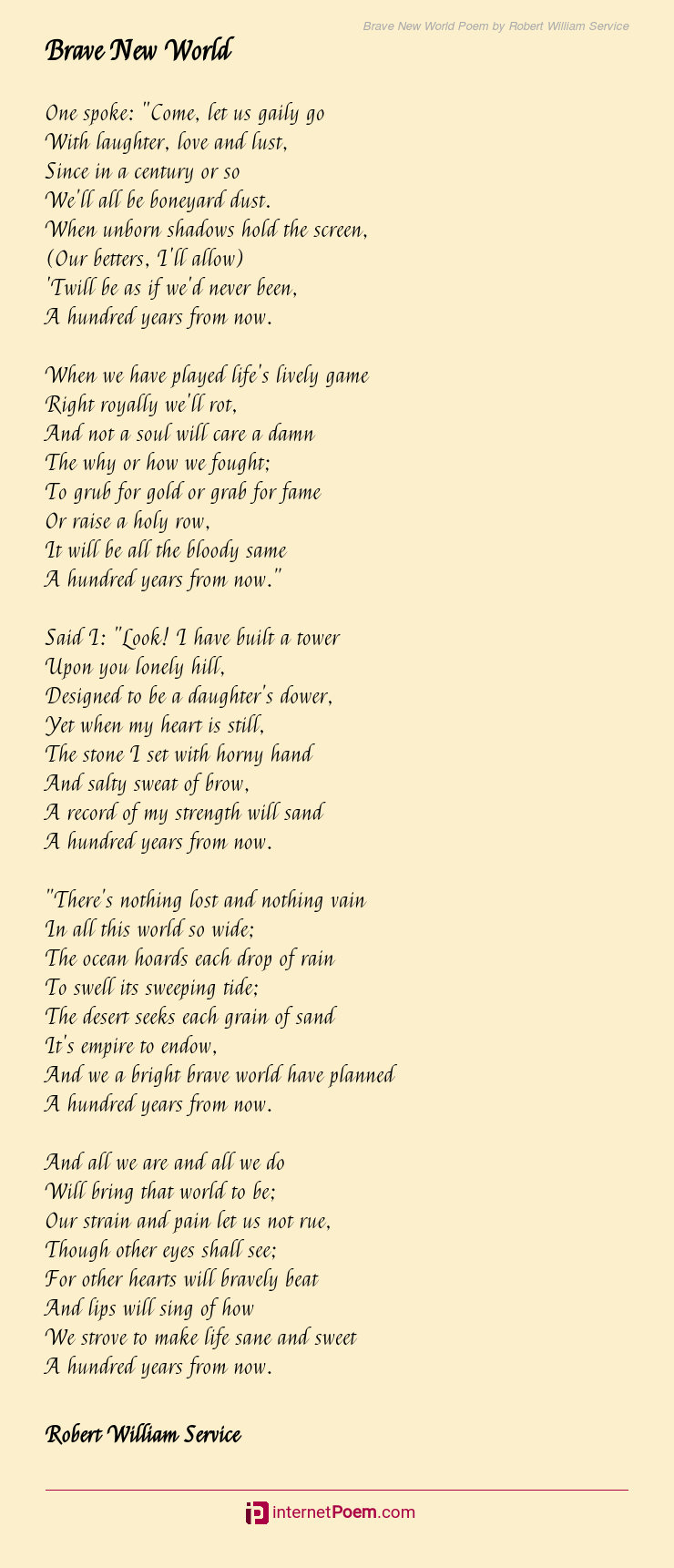 Brave New World Poem By Robert William Service