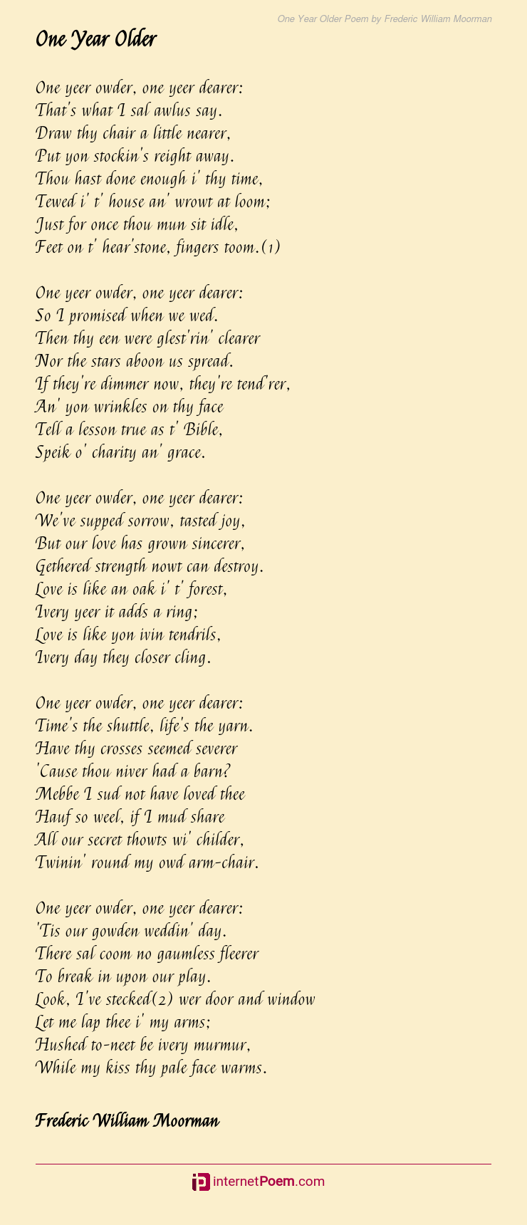 One Year Older Poem by Frederic William Moorman