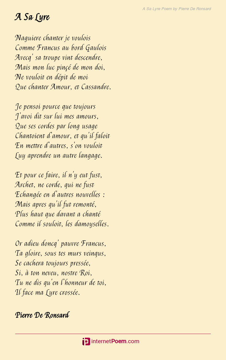 A Sa Lyre Poem by Pierre De Ronsard