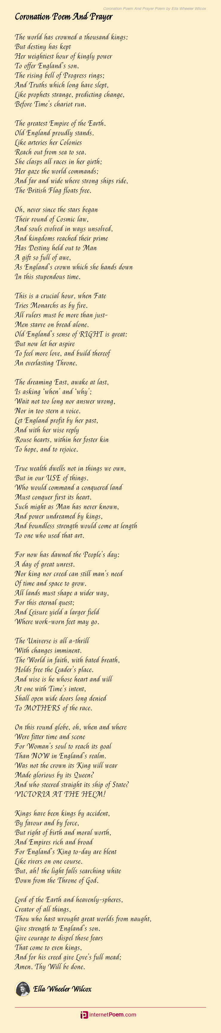 Coronation Poem And Prayer Poem By Ella Wheeler Wilcox