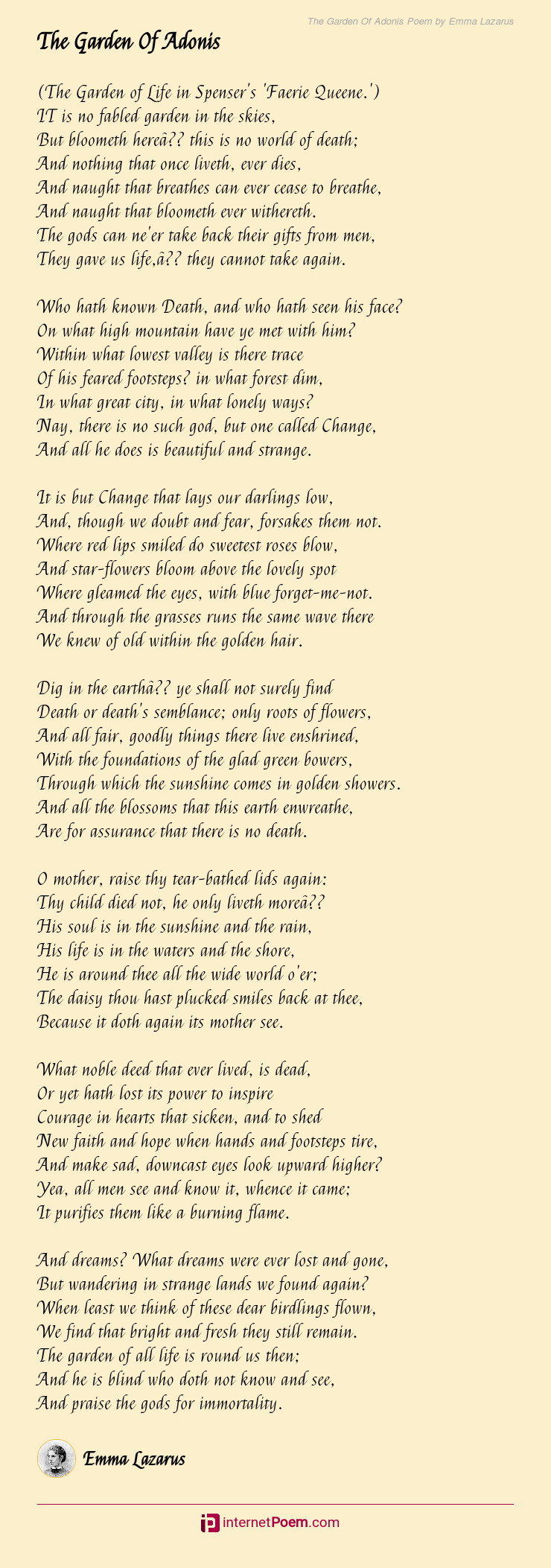 The Garden Of Adonis Poem By Emma Lazarus