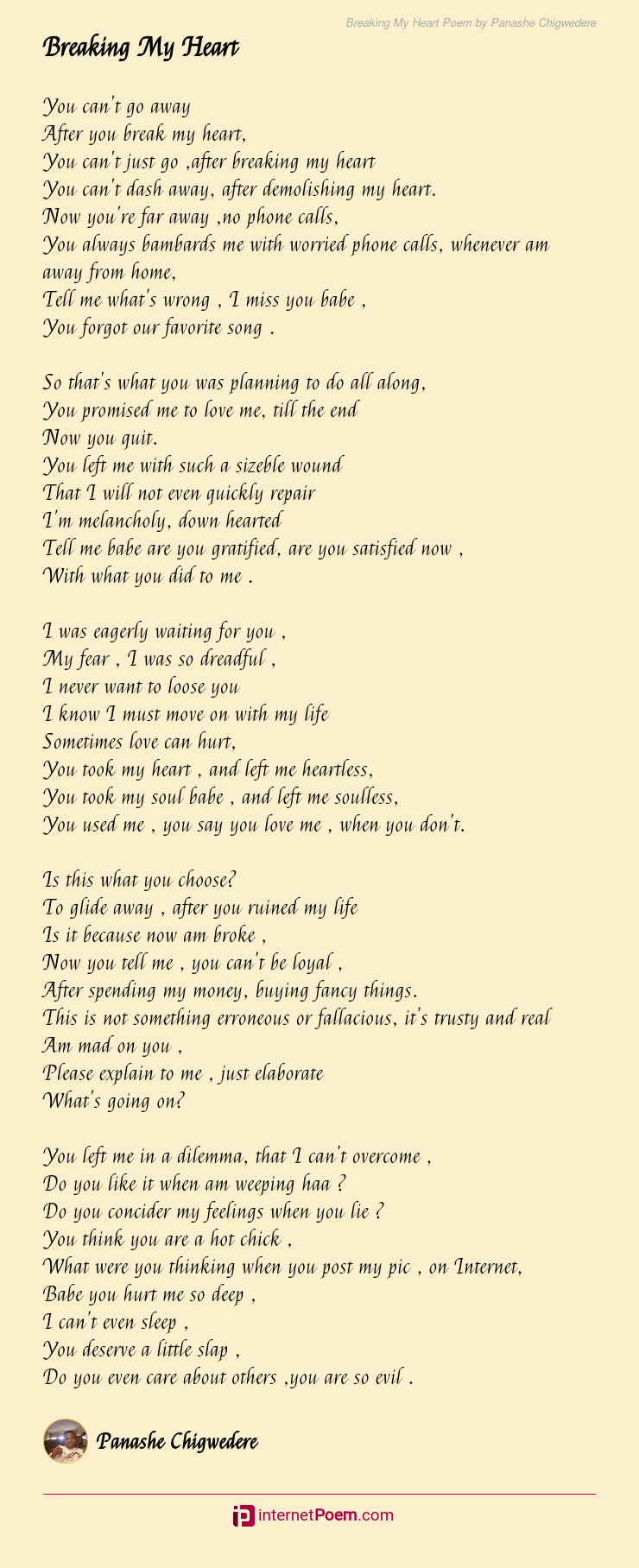 Breaking My Heart Poem by Panashe Chigwedere