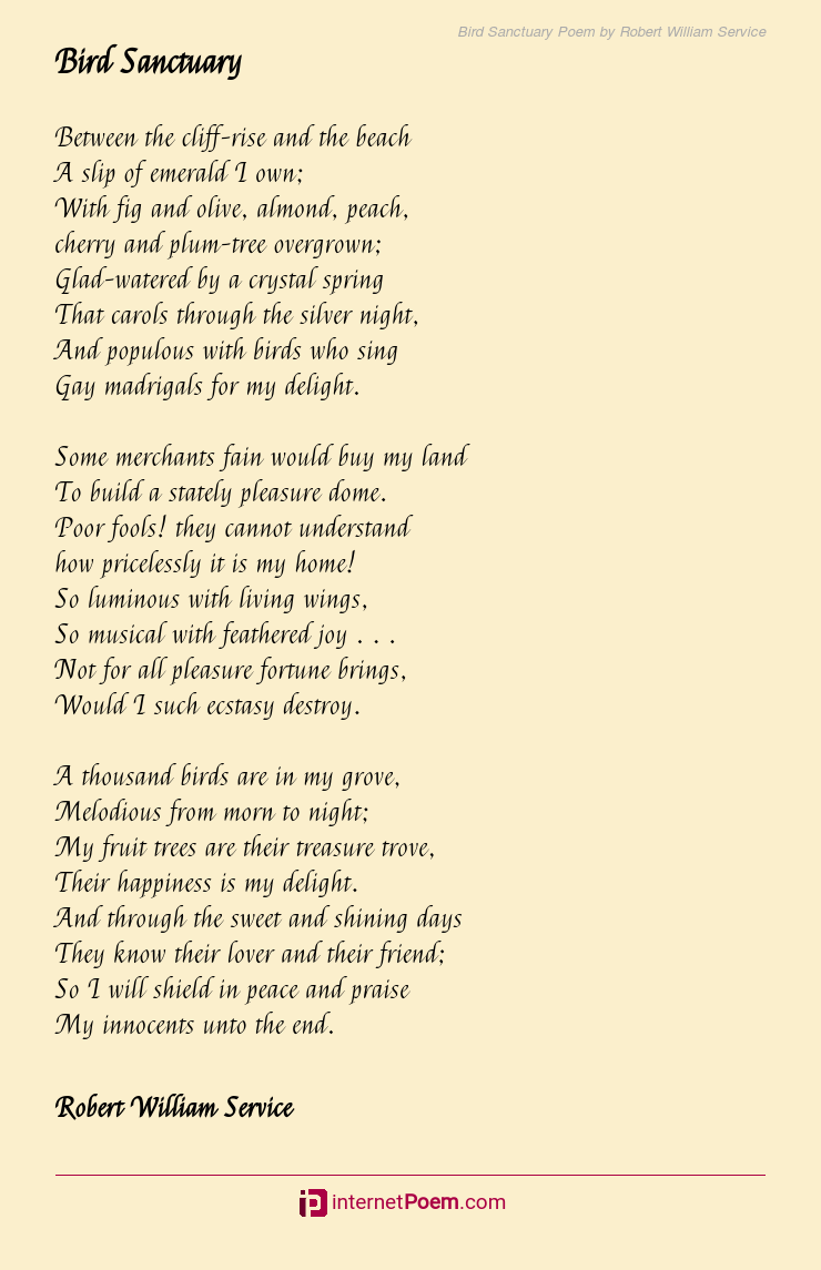 Bird Sanctuary Poem by Robert William Service