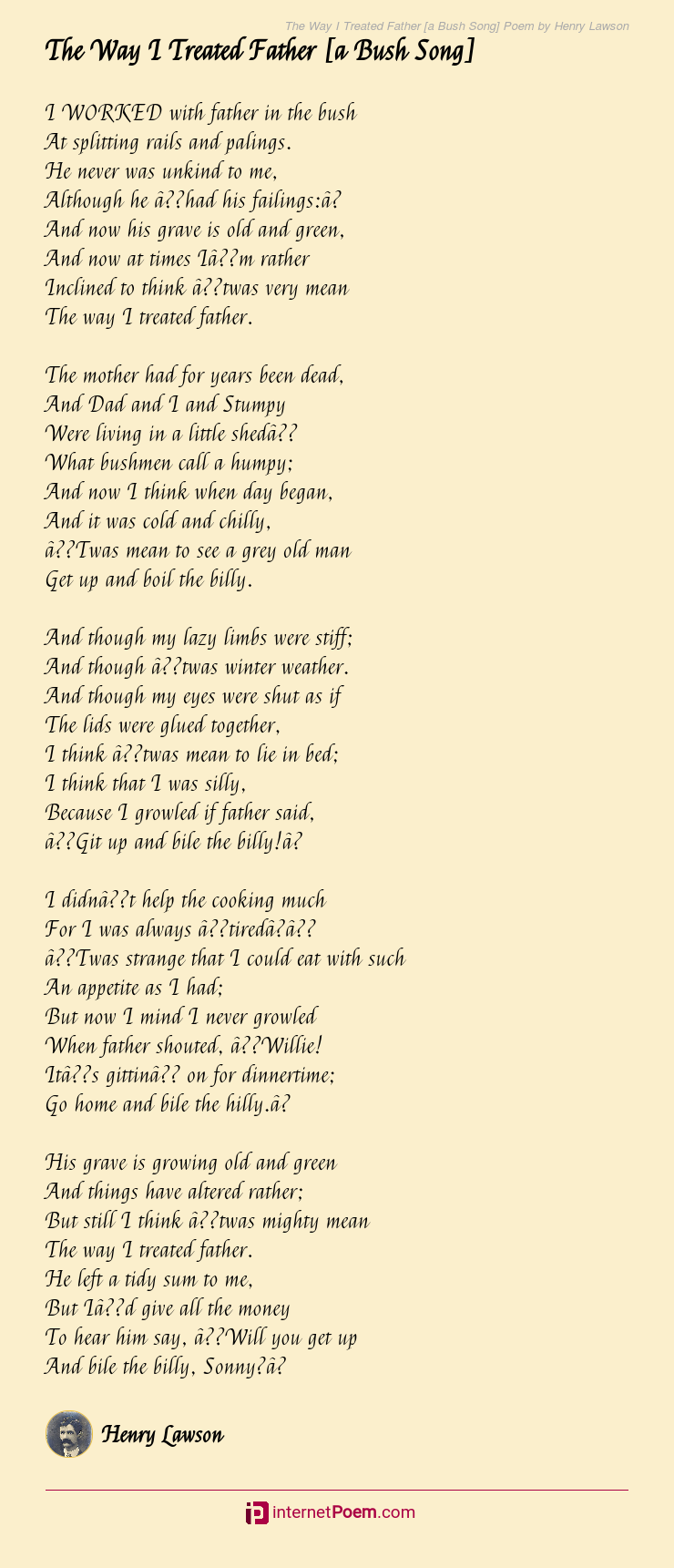 The Way I Treated Father [a Bush Song] Poem by Henry Lawson