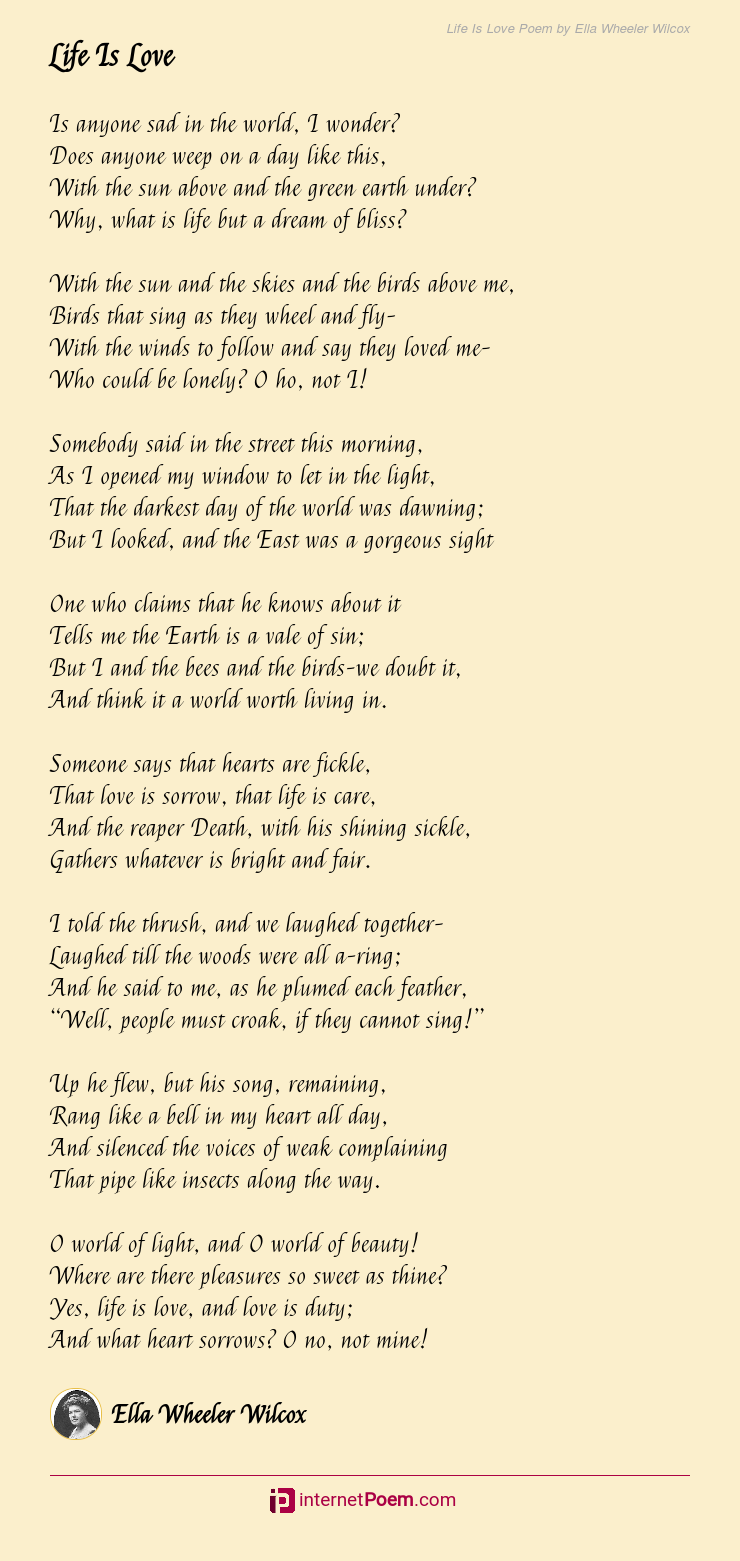 Life Is Love Poem By Ella Wheeler Wilcox