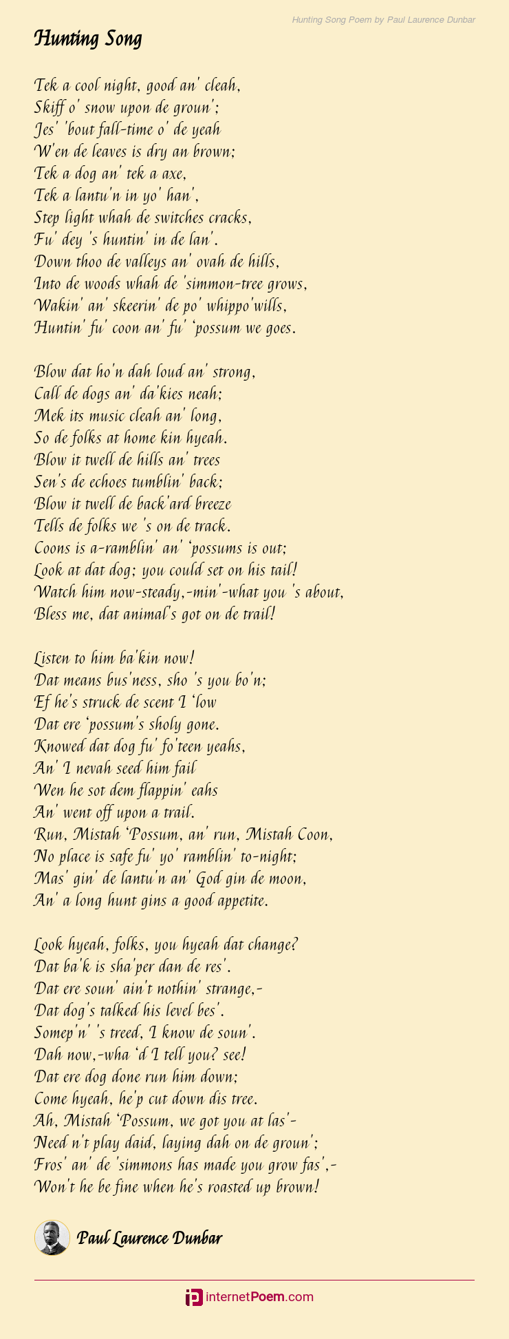 Hunting Song Poem by Paul Laurence Dunbar
