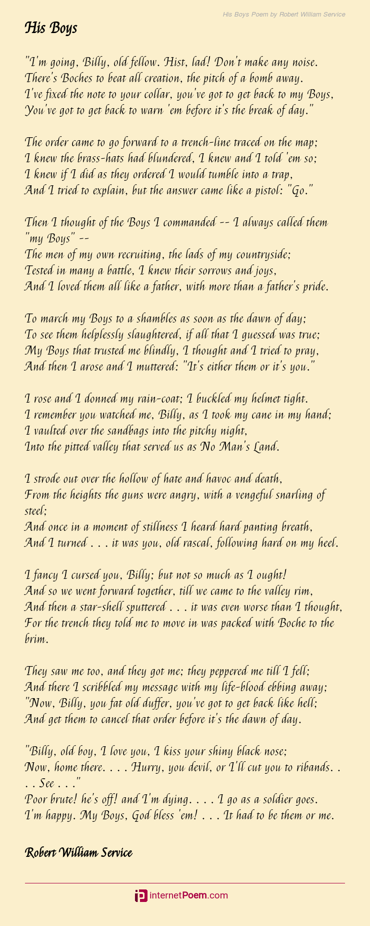 His Boys - His Boys Poem by Robert William Service
