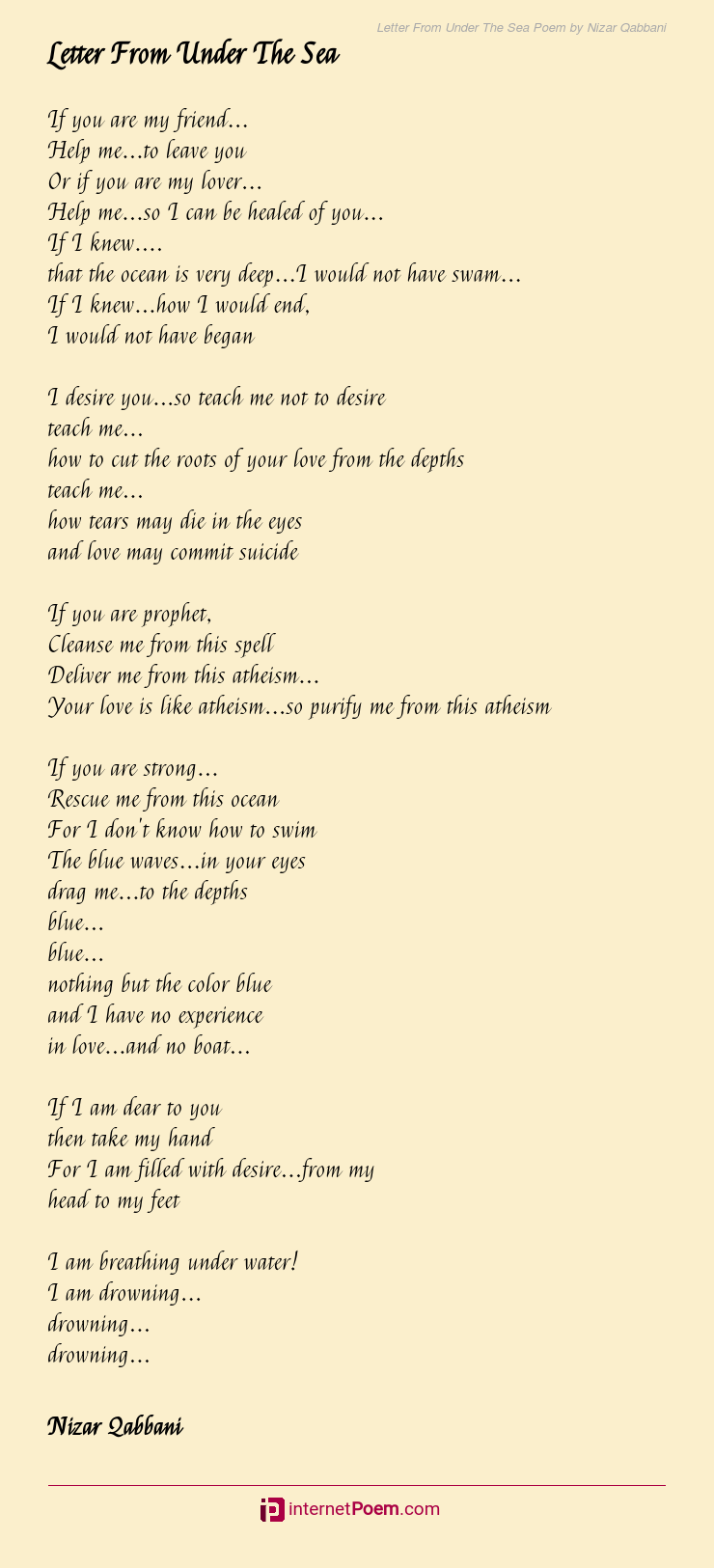 Letter From Under The Sea Poem by Nizar Qabbani