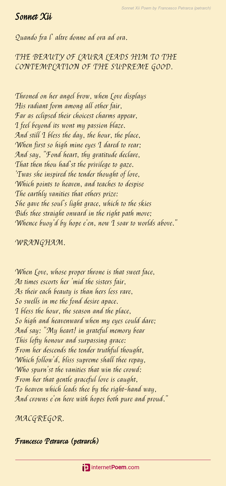 Sonnet Xii Poem By Francesco Petrarca Petrarch
