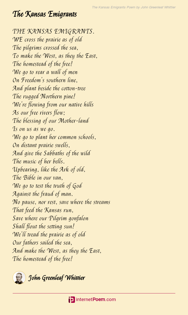 The Kansas Emigrants Poem by John Greenleaf Whittier
