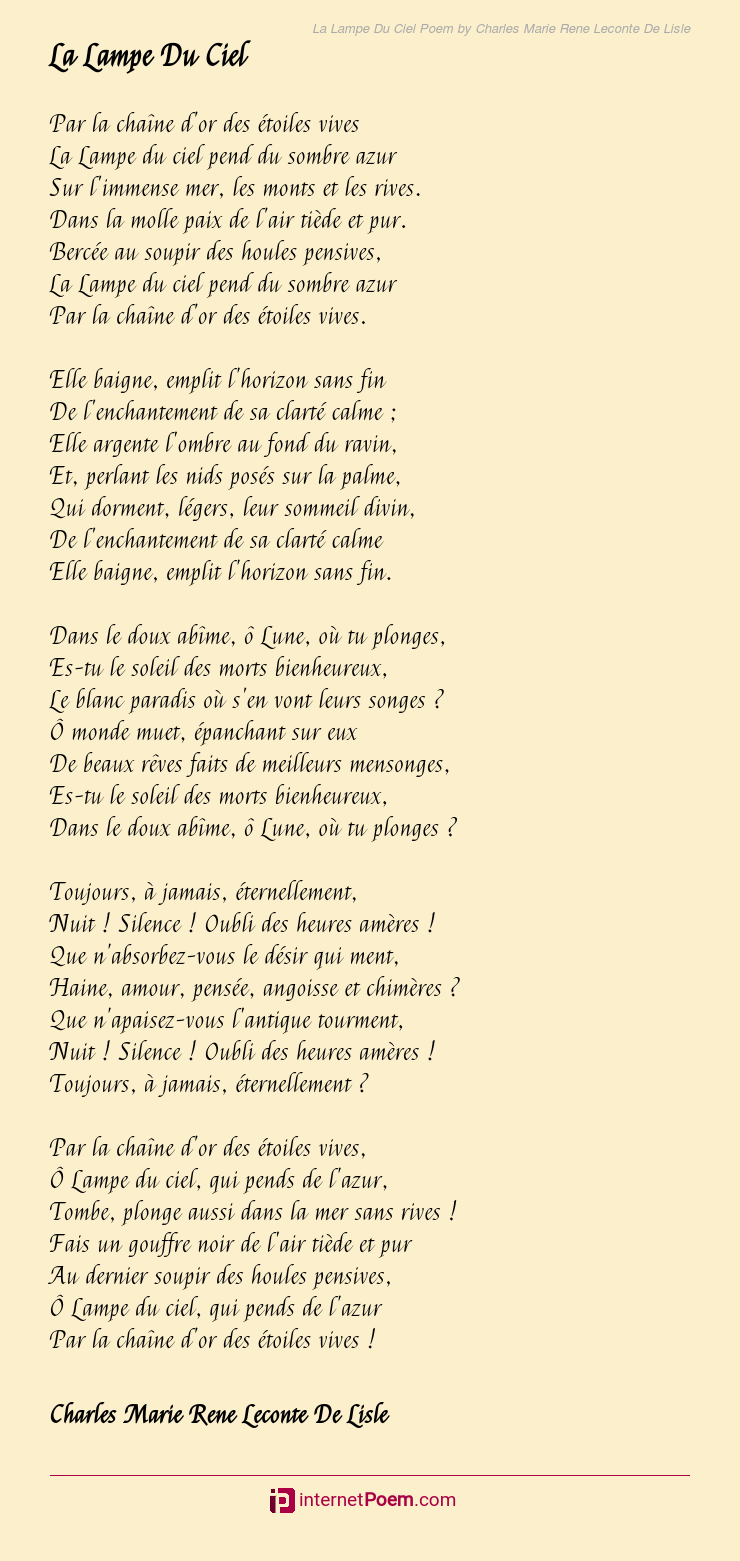 La Lampe Du Ciel Poem by Charles Marie Rene Leconte De Lisle - La Nuit. Le Sommeil. La Mort. Les étoiles