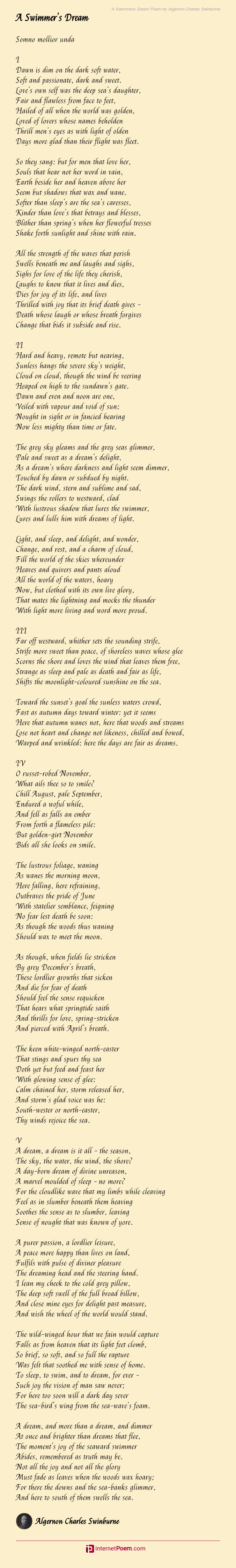 A Swimmer S Dream Poem By Algernon Charles Swinburne