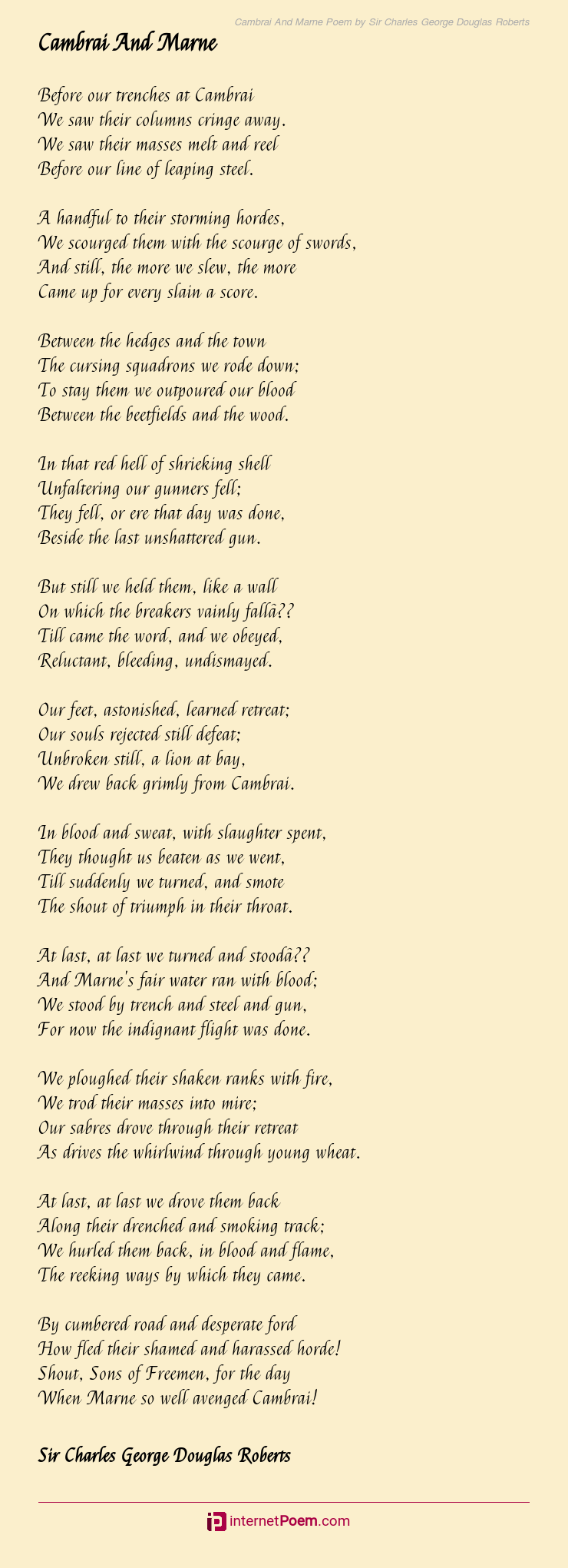 Cambrai And Marne Poem by Sir Charles George Douglas Roberts