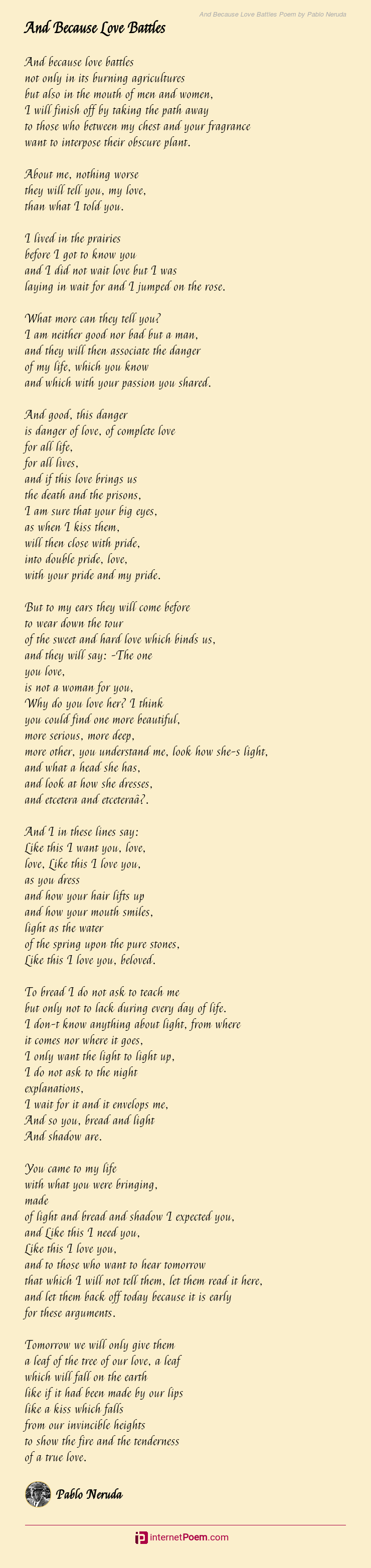 And Because Love Battles Poem By Pablo Neruda