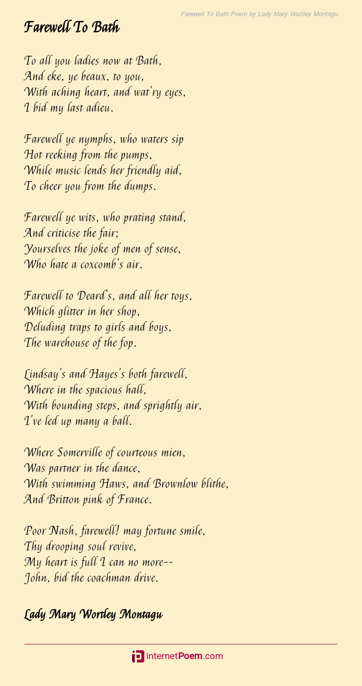 Farewell To Bath Poem by Lady Mary Wortley Montagu