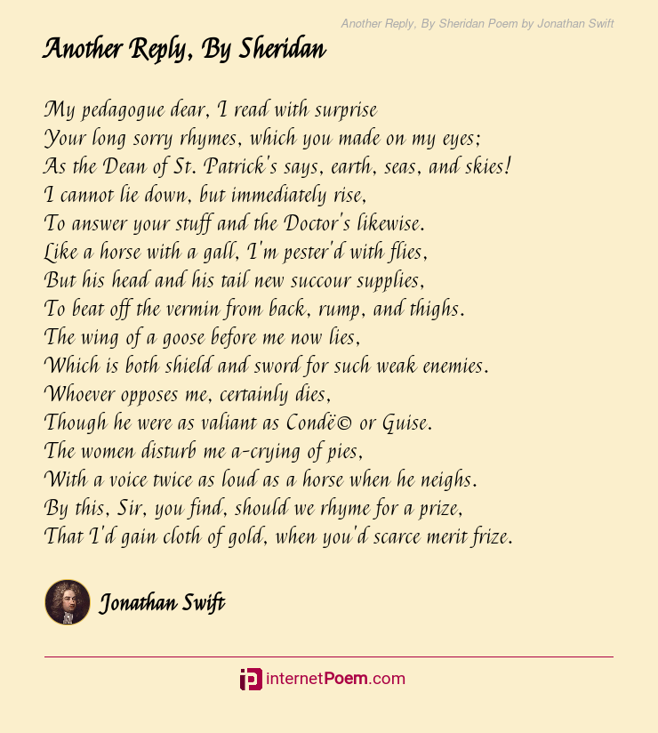 Another Reply, By Sheridan Poem by Jonathan Swift