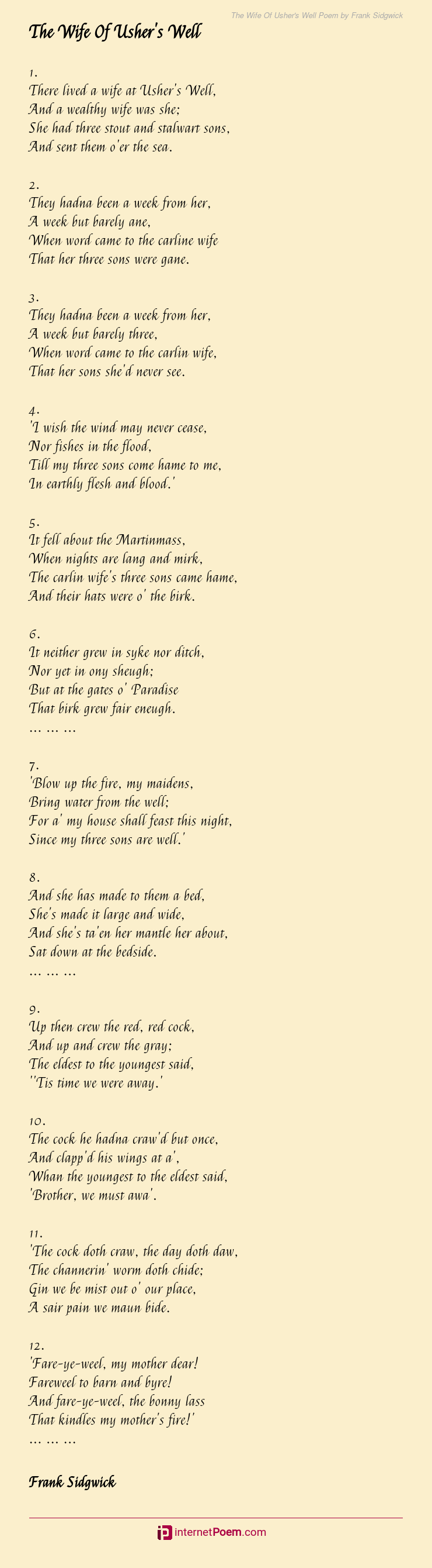 The Wife Of Ushers Well Poem By Frank Sidgwick 4542