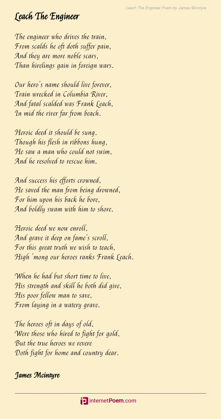 Leach The Engineer Poem by James Mcintyre