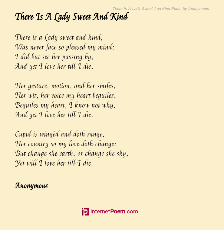 there is a lady sweet and kind poem