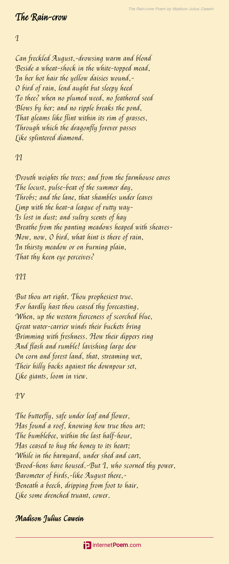 The Rain-crow Poem by Madison Julius Cawein