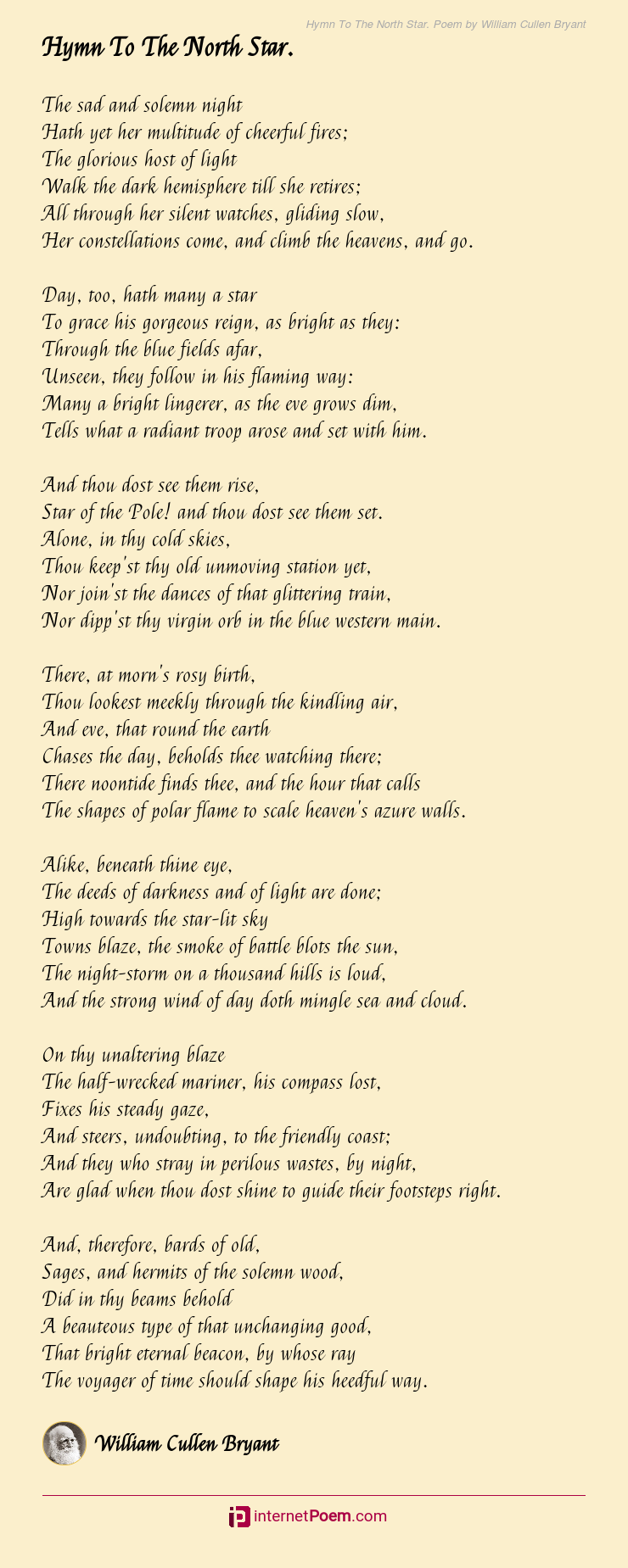 Hymn To The North Star. Poem by William Cullen Bryant