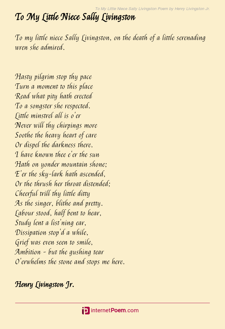 To My Little Niece Sally Livingston Poem by Henry Livingston Jr.