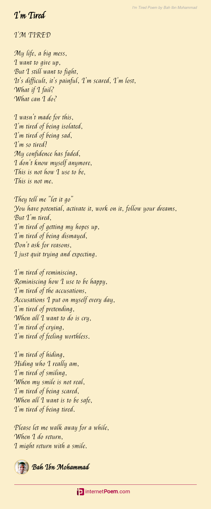 I'm Tired Poem by Bah Ibn Mohammad
