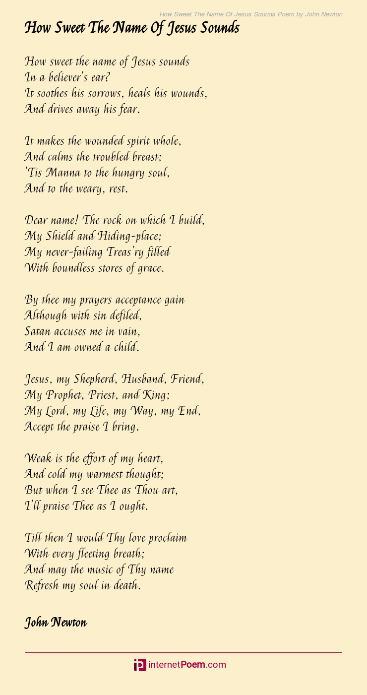 How sweet the name of jesus sounds poem by john newton
