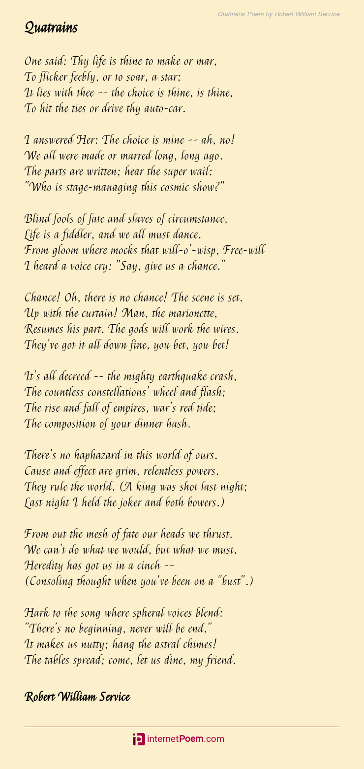 Quatrains Poem By Robert William Service