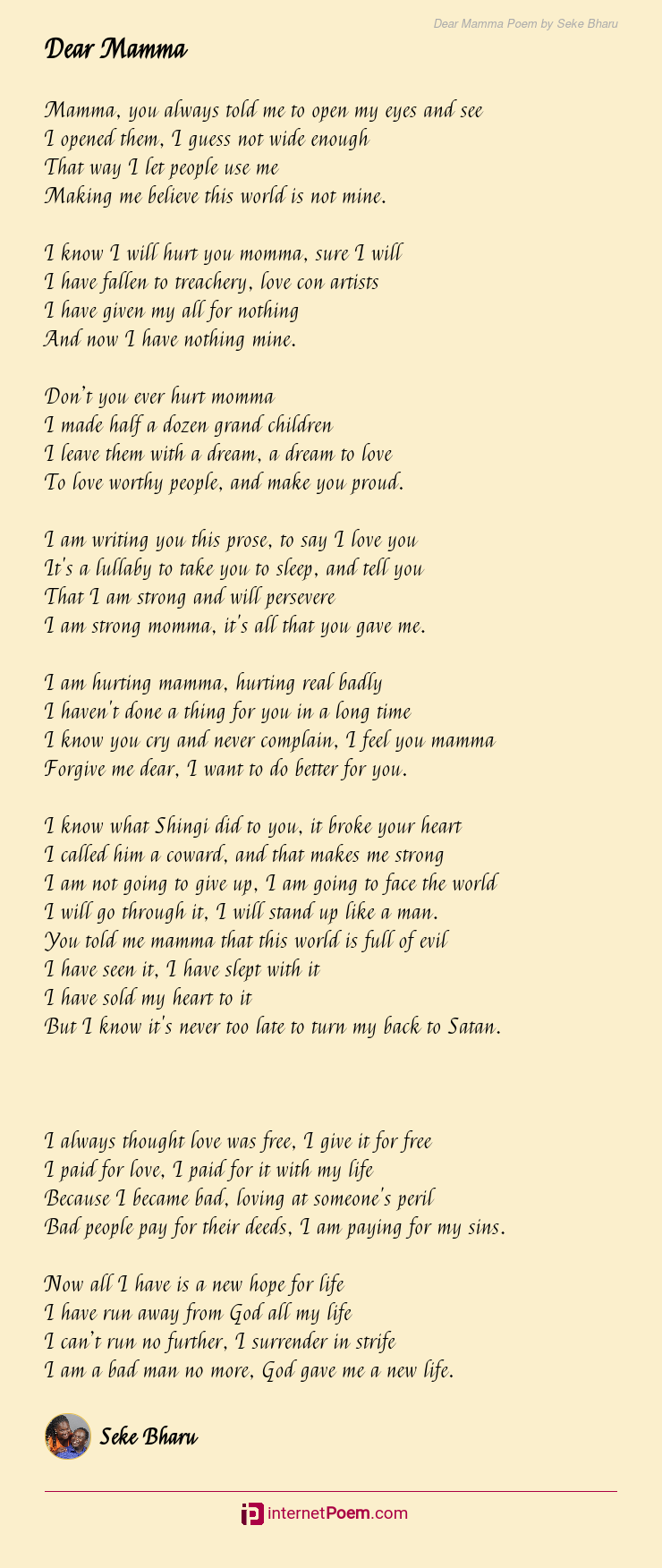 Dear Mamma Poem By Seke Bharu