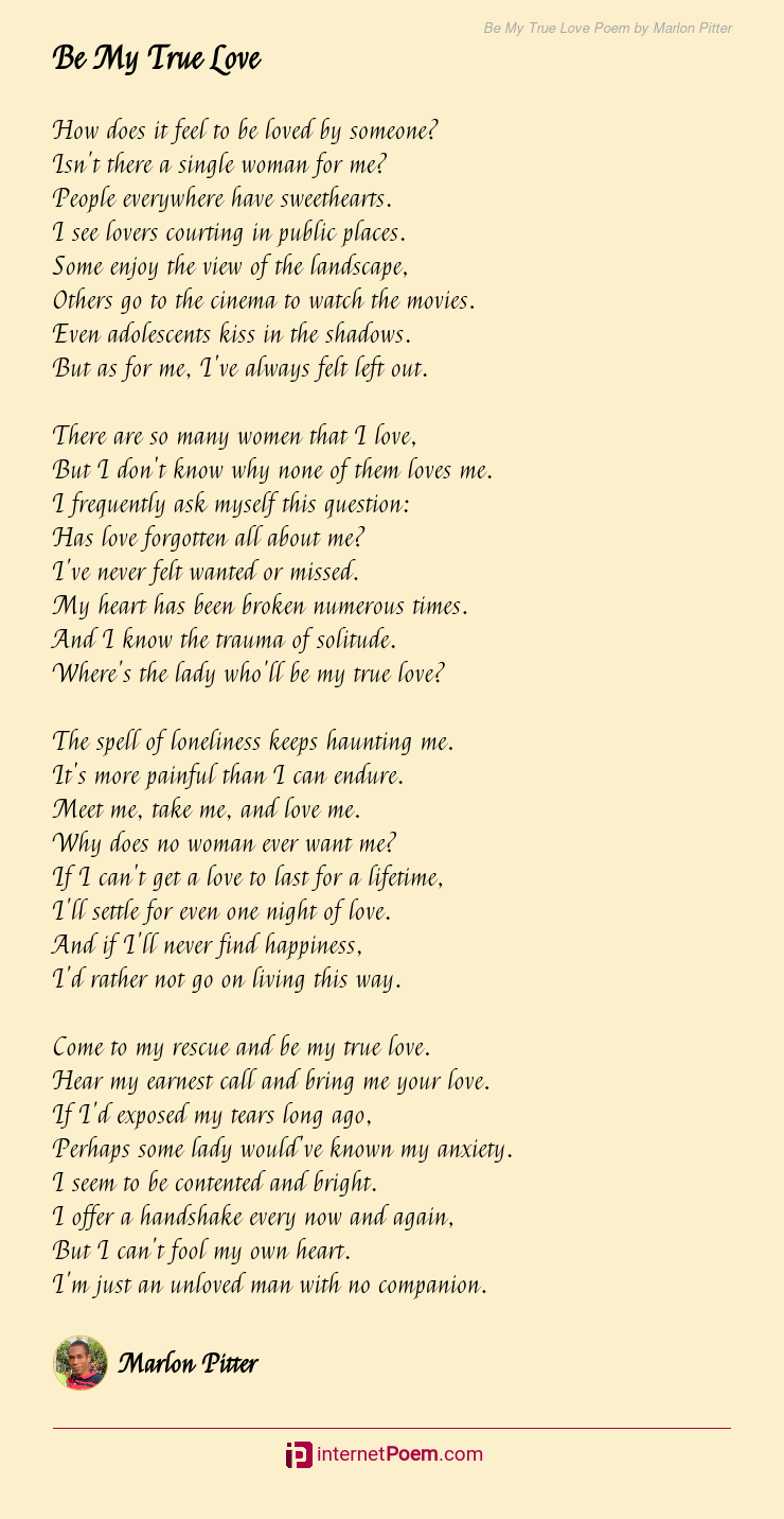 Be My True Love Poem By Marlon Pitter