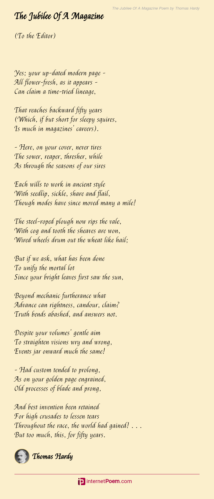The Jubilee Of A Magazine Poem by Thomas Hardy