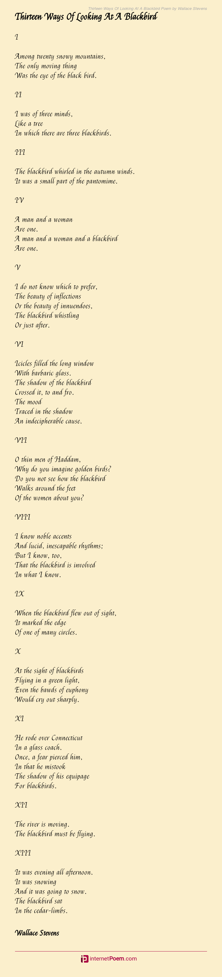 Thirteen Ways Of Looking At A Blackbird Poem by Wallace