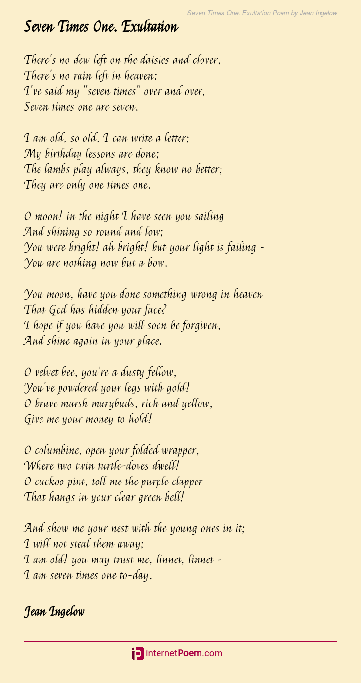 Seven Times One. Exultation Poem by Jean Ingelow