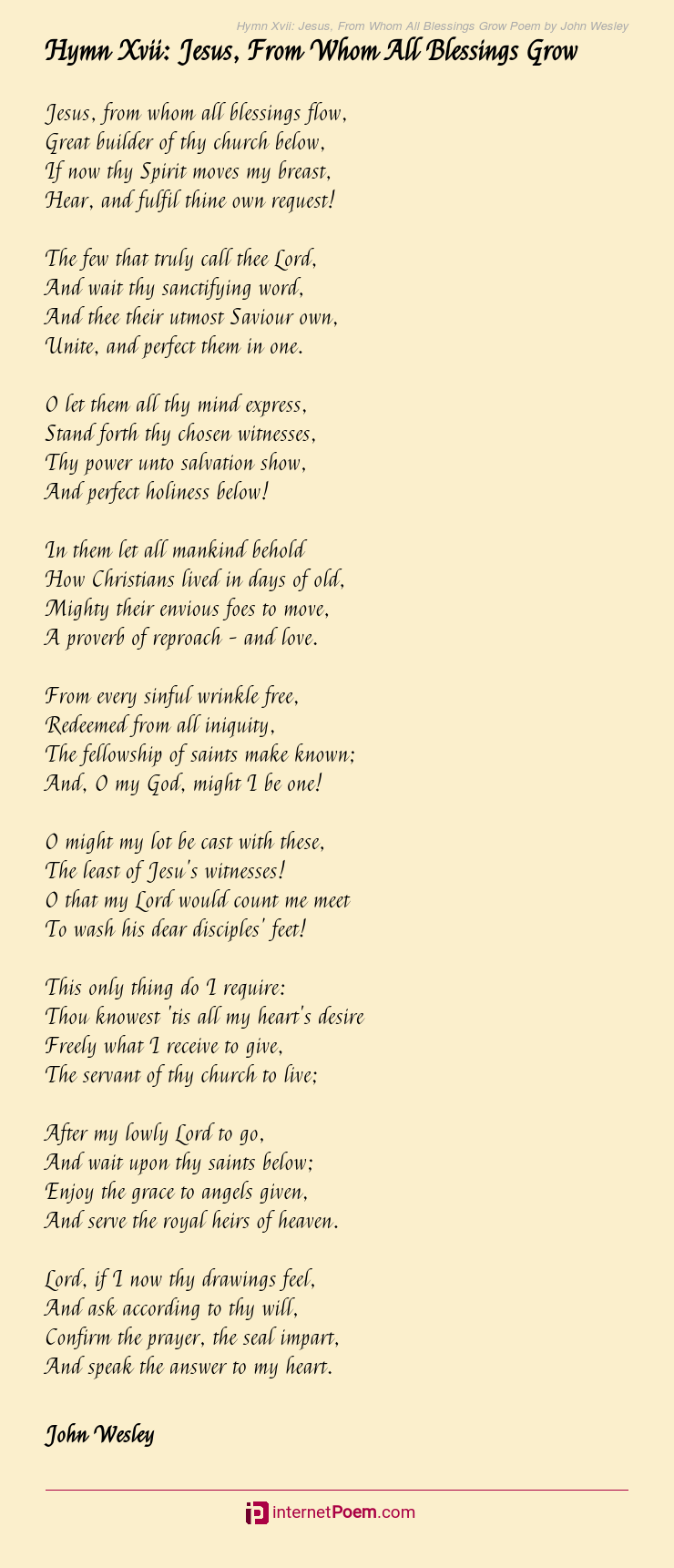 Hymn Xvii: Jesus, From Whom All Blessings Grow Poem by John Wesley