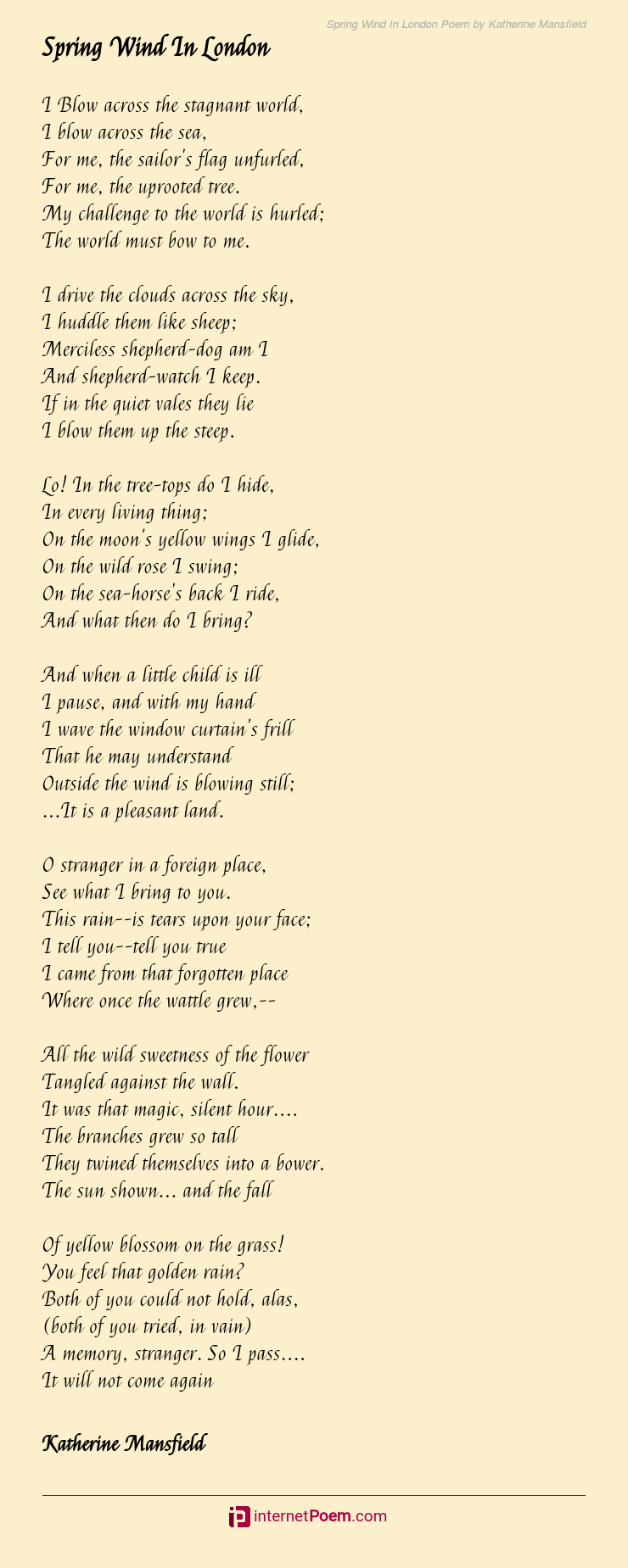 Download Spring Wind In London Poem By Katherine Mansfield