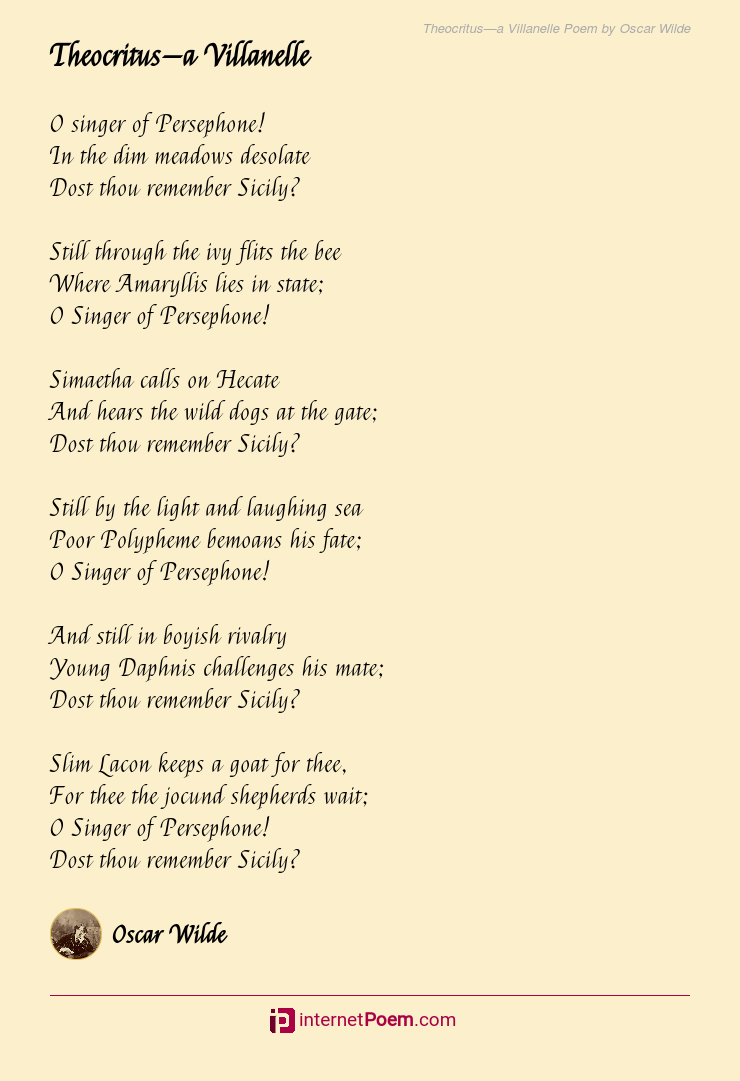 Theocritus'a Villanelle Poem by Oscar Wilde