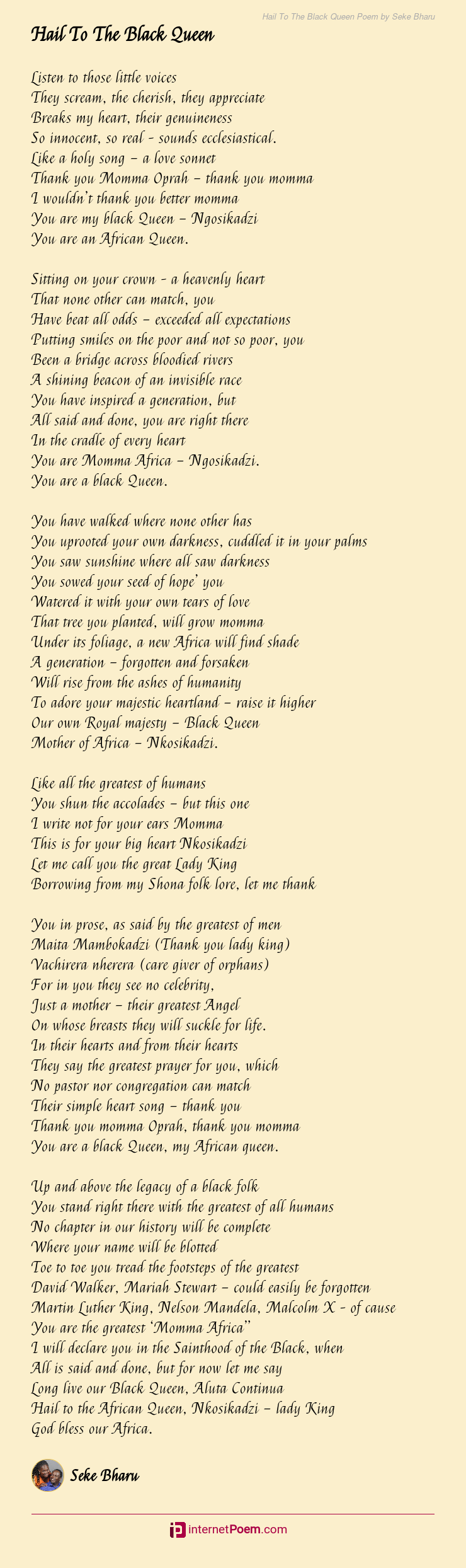 Hail To The Black Queen Poem By Seke Bharu