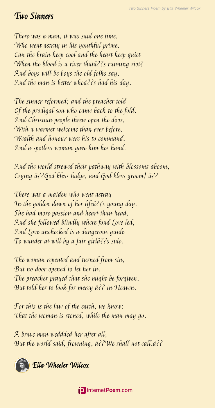 Two Sinners Poem by Ella Wheeler Wilcox