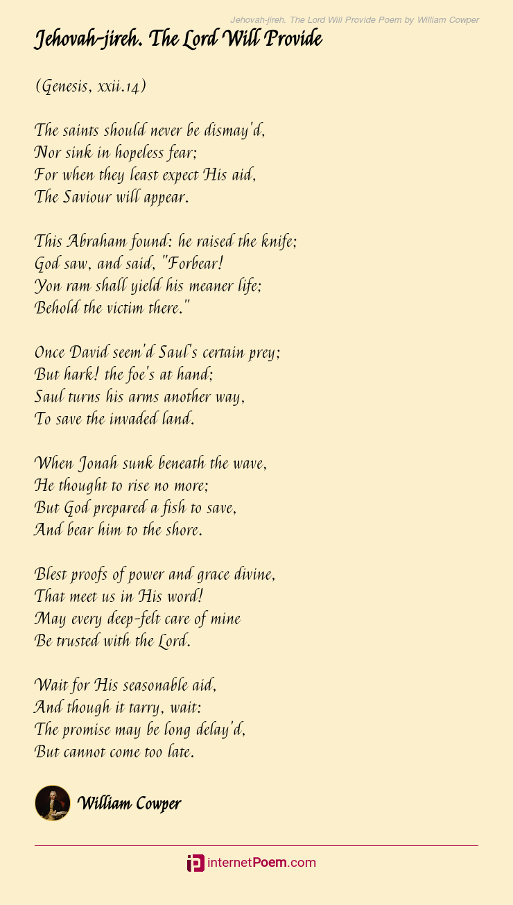 Jehovah-jireh. The Lord Will Provide Poem by William Cowper