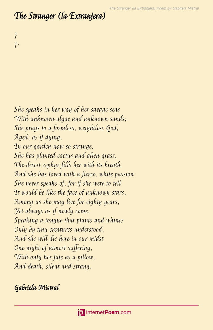 The Stranger La Extranjera Poem By Gabriela Mistral