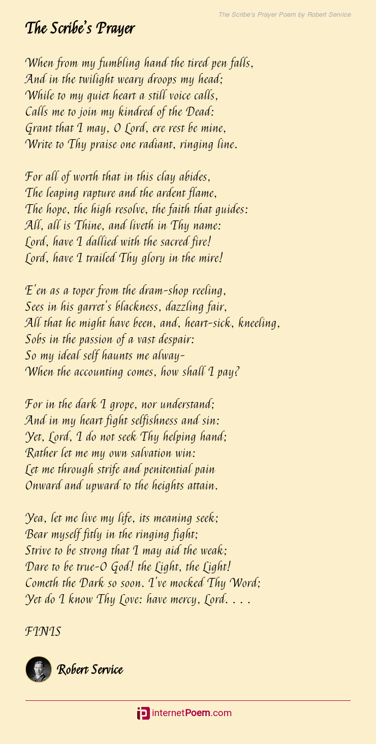The Scribe S Prayer Poem By Robert Service