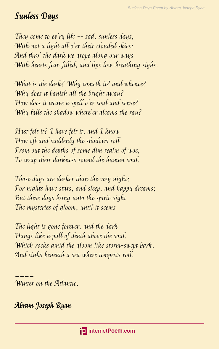 Sunless Days Poem by Abram Joseph Ryan